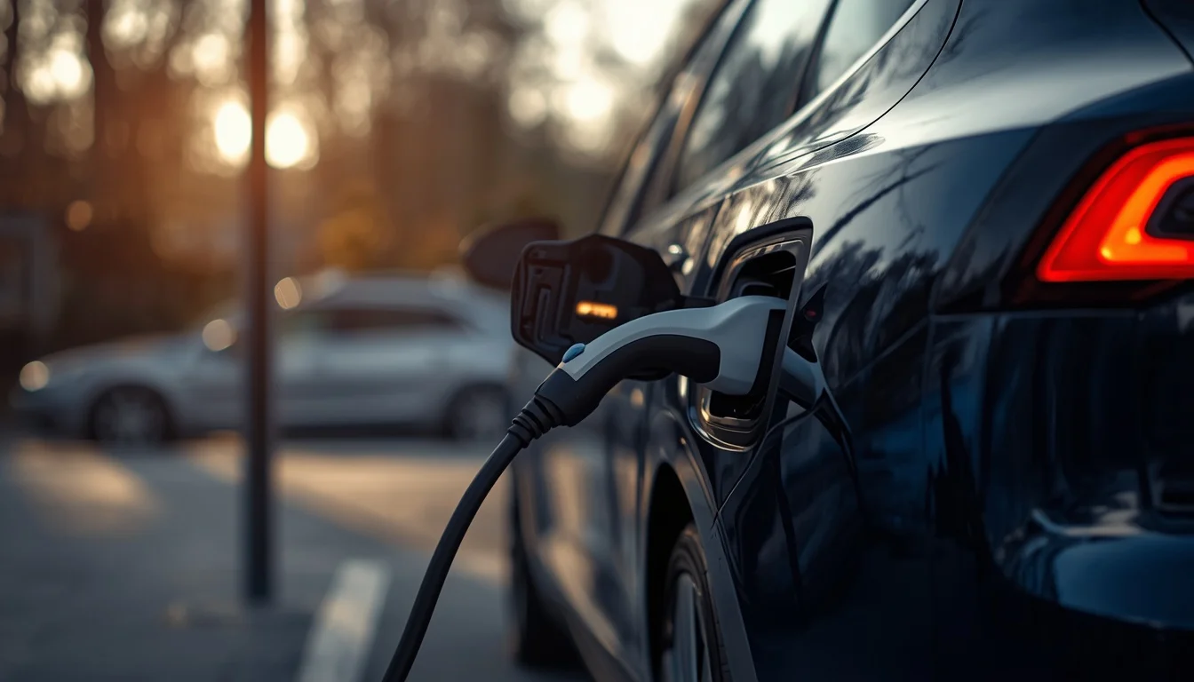 Connecteur branché sur une voiture électrique à une borne extérieure