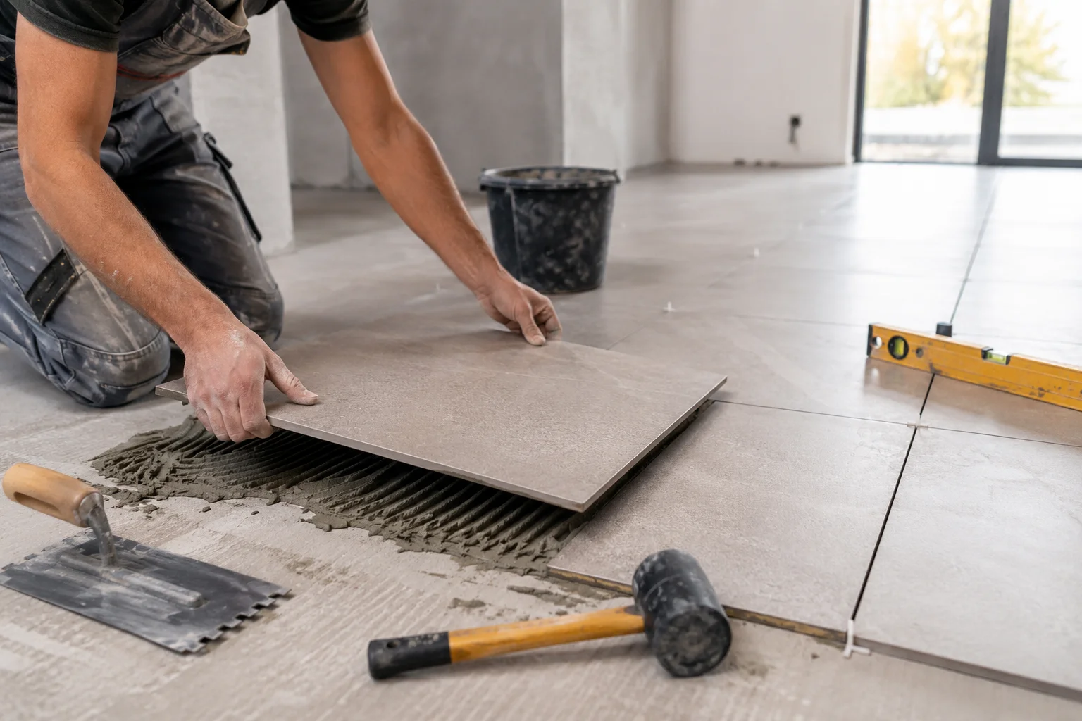 Artisan posant de grands carreaux sur un sol intérieur en rénovation