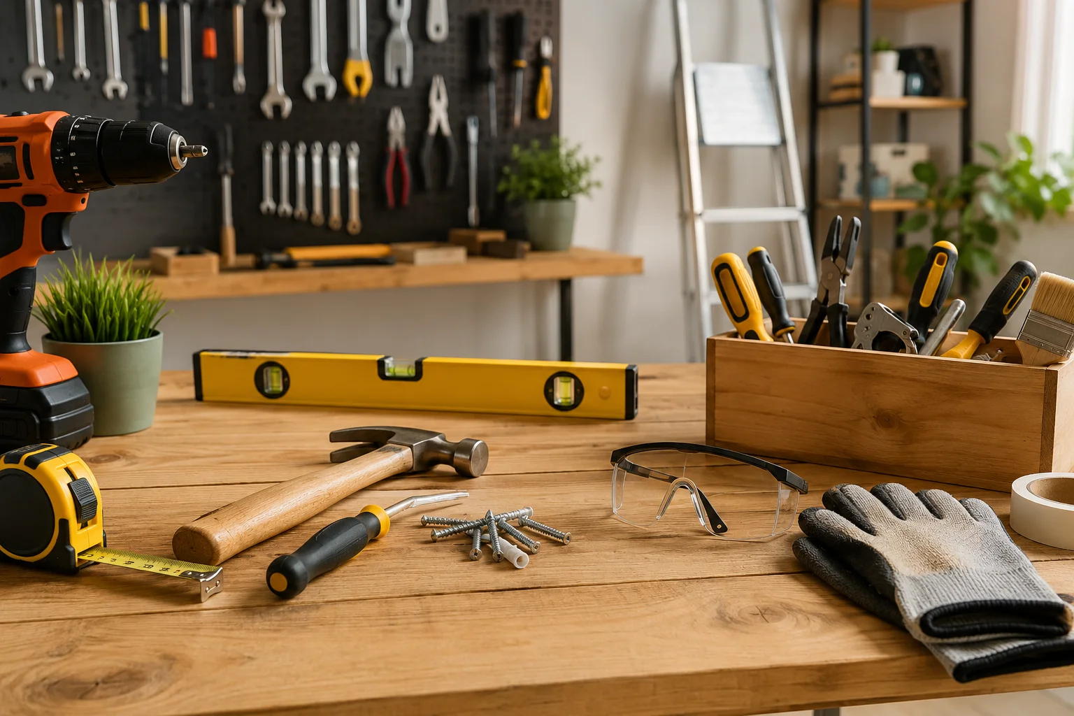 Établi de bricolage rangé avec perceuse, niveau, marteau et outils à main