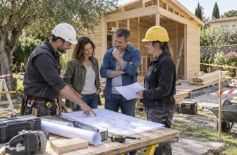 Propriétaires et artisans échangeant autour de plans devant une cabane en bois en construction