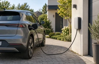 Voiture électrique générique branchée à une borne domestique sur une allée sèche