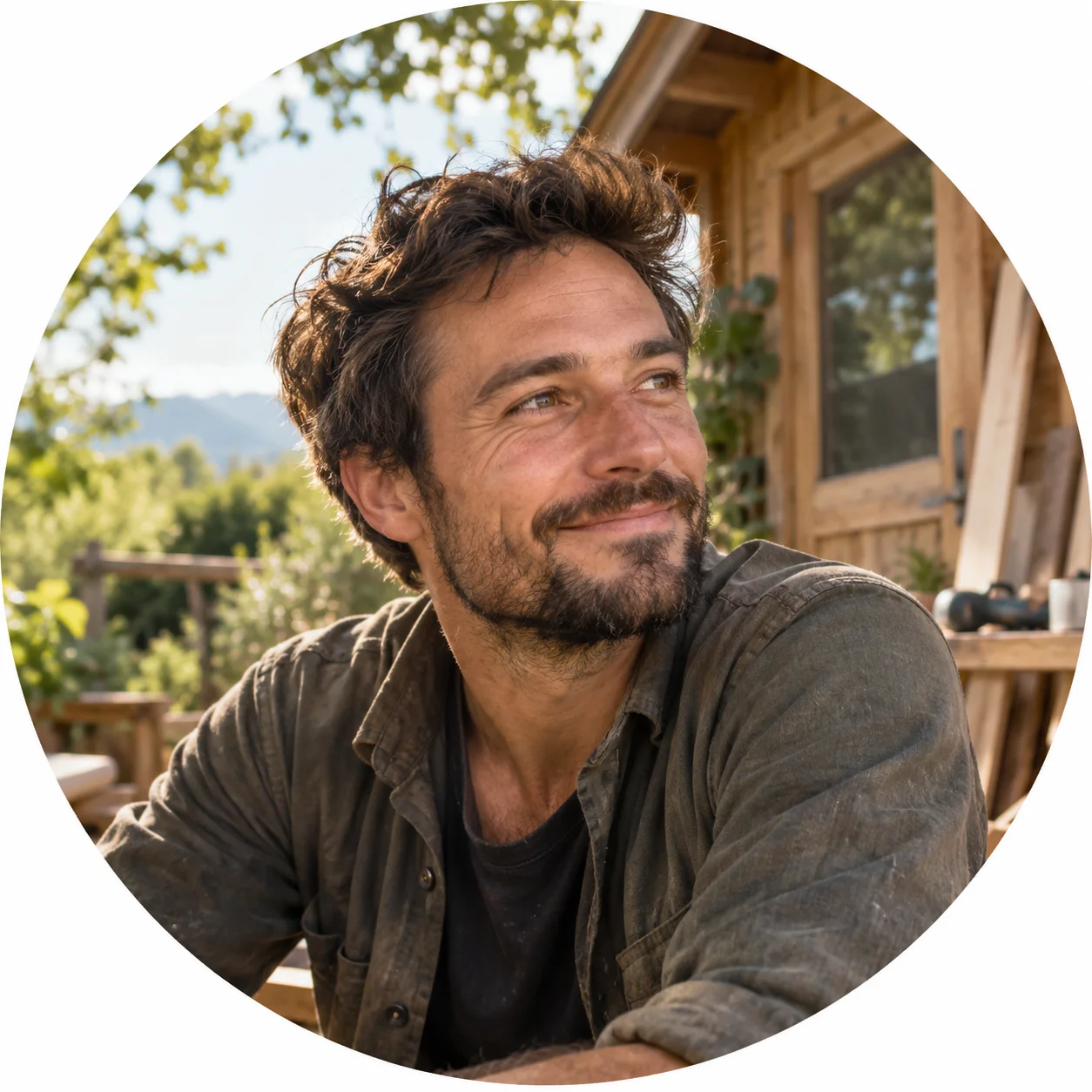 Portrait de Julien devant une cabane en pleine nature
