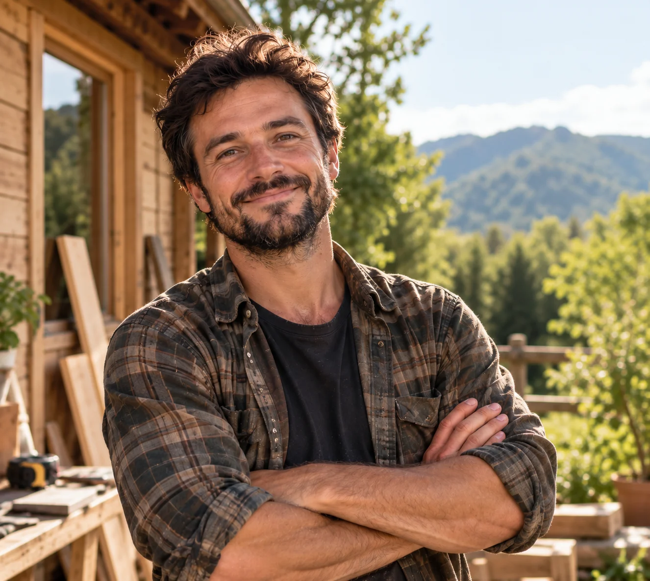 Julien devant une cabane en bois et un établi en extérieur
