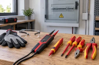 Outils isolés, vérificateur de tension, gants et lunettes devant un tableau électrique fermé