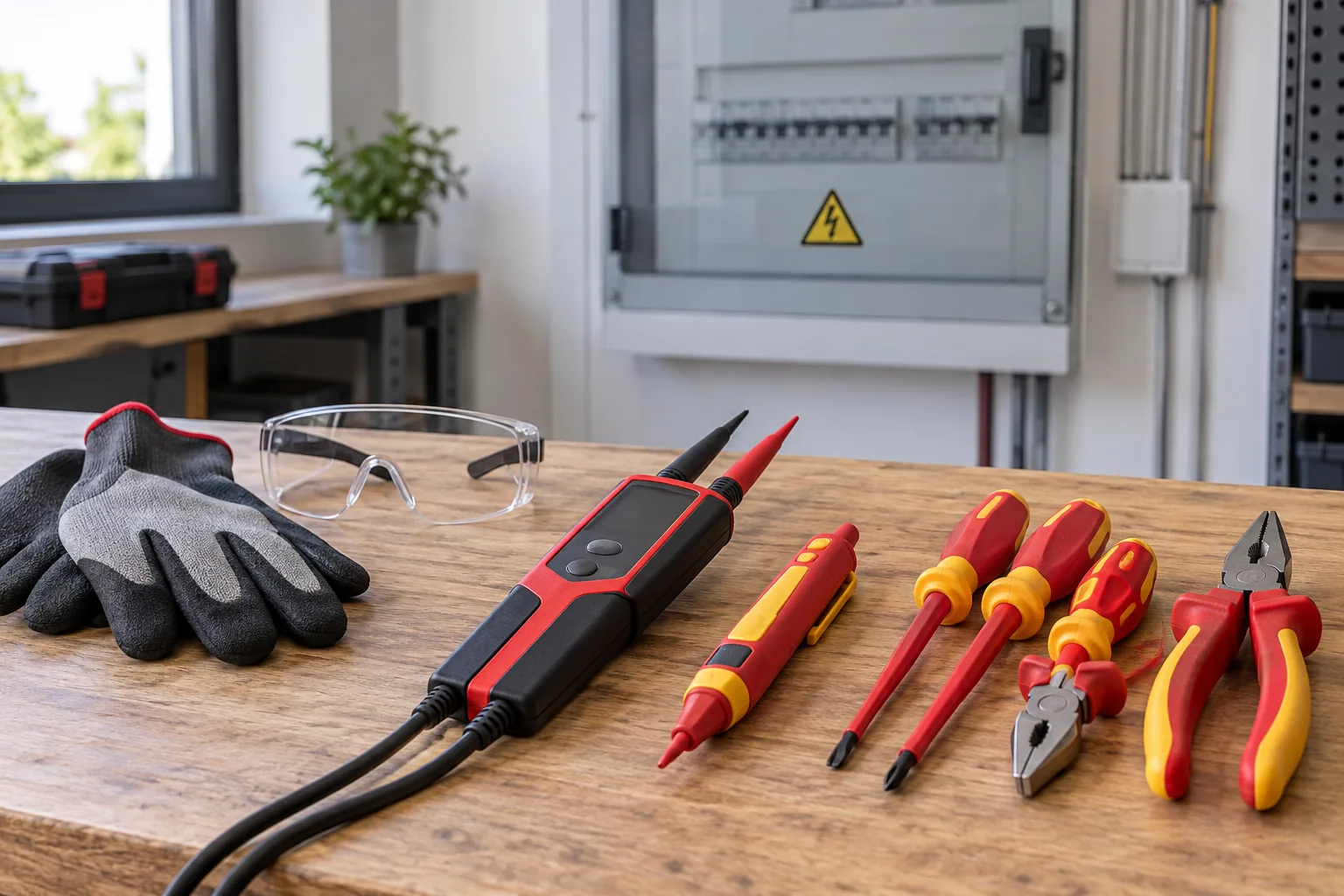 Outils isolés, vérificateur de tension, gants et lunettes devant un tableau électrique fermé