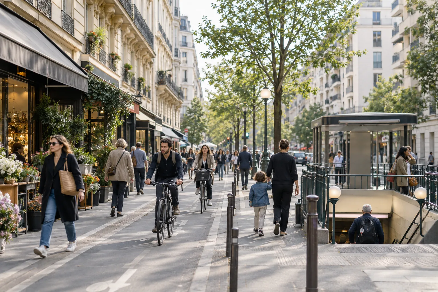 Rue parisienne animée en journée avec commerces, cyclistes, piétons et accès au métro