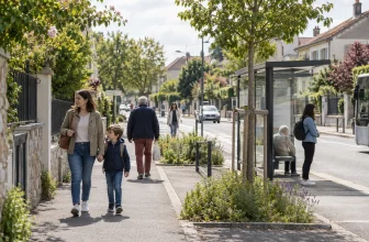 Rue résidentielle arborée de banlieue en journée avec habitants et arrêt de bus