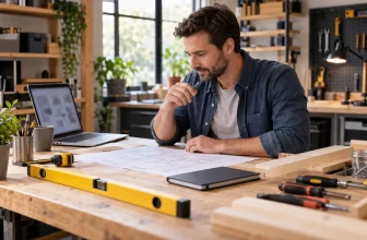 Bricoleur préparant un projet devant des plans et un ordinateur dans un atelier rangé