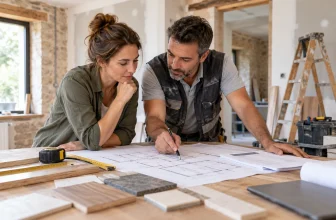 Couple examinant des plans de rénovation avec un professionnel du bâtiment